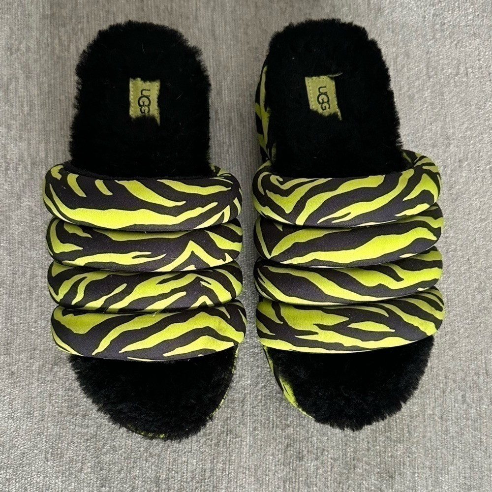 UGG Neon Yellow Black Zebra-Print Quilted Slide Sandals